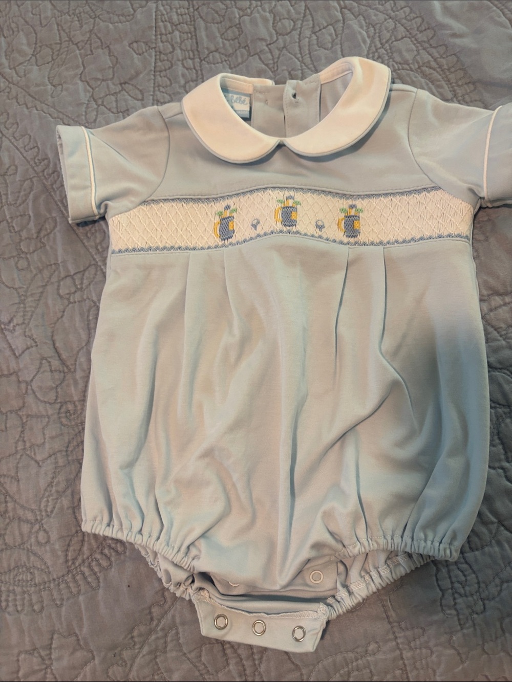 Petit Bebe Classic Light Blue Smocked Baby One-Piece with Peter Pan Collar